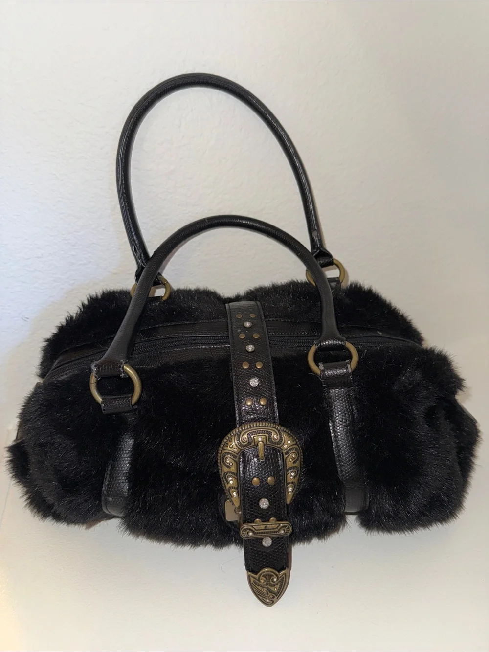 Black Faux Fur Top-Handle Satchel with Embellished Buckle